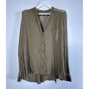 Free People Womens Olive Green Lace-Back Button-Up Blouse Top Large Long Sleeve